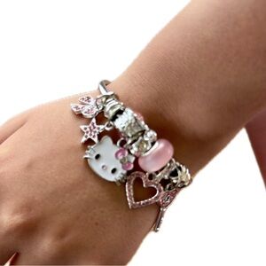 Hello Kitty Y2K Adjustable Charm Bracelet Silver Bow Key Heart